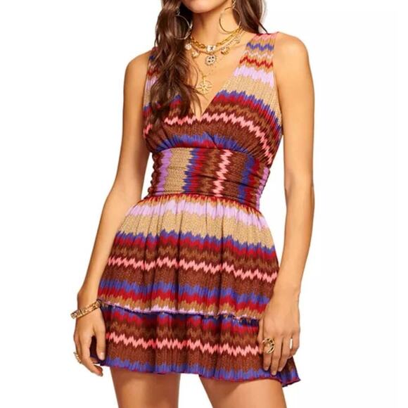 Ramy Brook Laura Knit Zigzag Metallic Tiered Mini Dress V-Neck Medium NEW - Picture 2 of 9